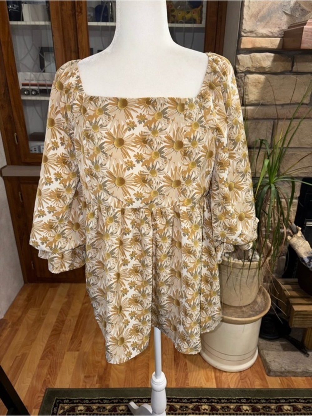 Boho Floral Square-Neck Peasant Top - Mustard Floral size X-Large